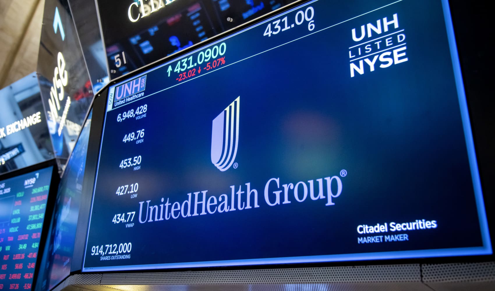 UnitedHealth Group Inc. signage on the floor of the New York Stock Exchange (NYSE) in New York, US, on Monday, April 21, 2025.